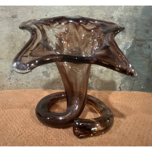 Handblown Swirled Glass Starfish Vase Smoky Amber Brown Spiral Base MCM - Picture 5 of 8